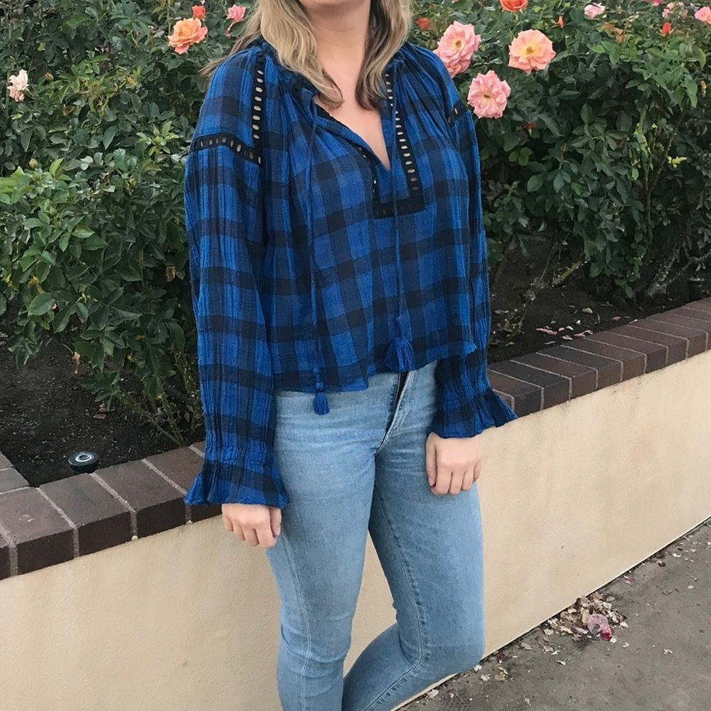Free People Cropped Blue Check Blouse